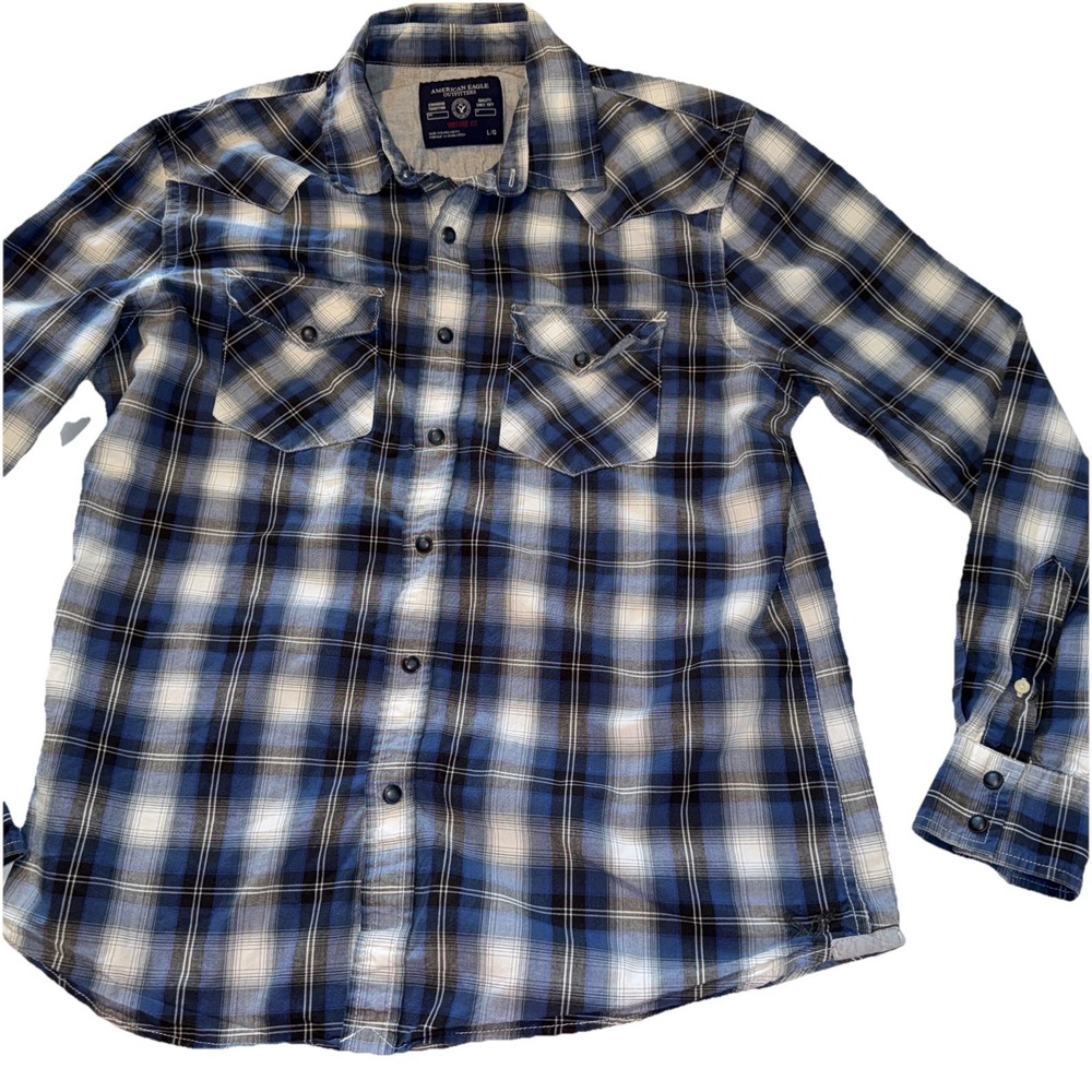 American Eagle Vintage Fit Mens Blue Plaid Long Sleeve Pearl Snap Shirt Size L